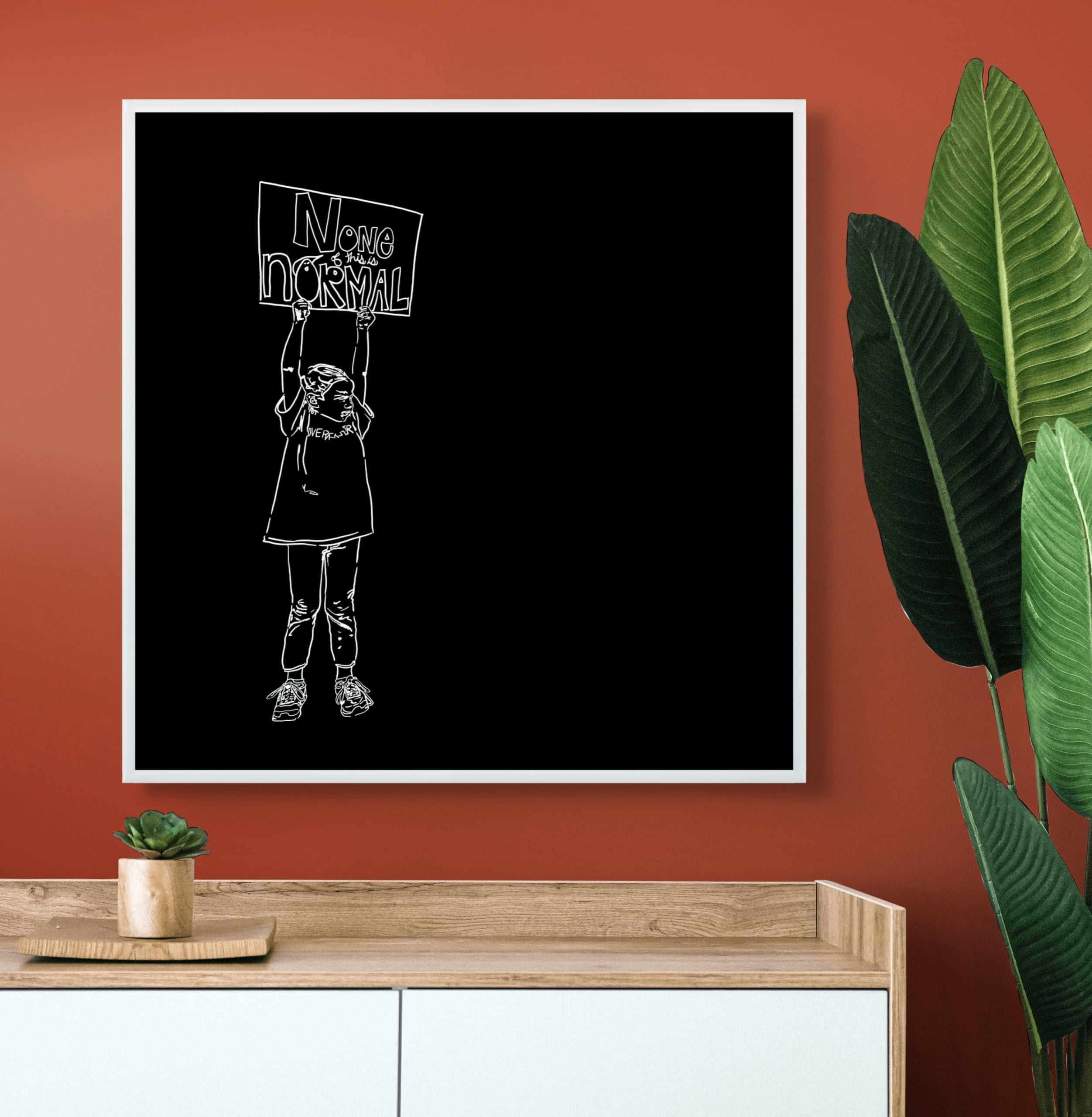 NONE OF THIS IS NORMAL black and white line art feminist art of a little girl at a womens march protest holding a sign that says "none of this is normal"