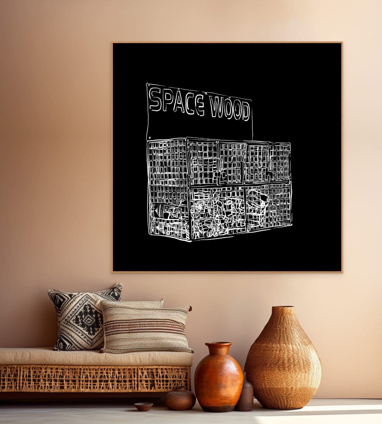 SPACE WOOD minimal black and white line art fine art digital download large wall art staging corporate hospitality modern home office, dining room, living room kitchen bathroom decor. fine art reproduction of original art. Digital print, gallery wall art.